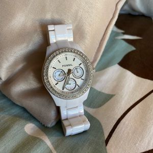 FOSSIL Women's Stella Multifunction White Watch w/ Cubic Zirconia Diamonds